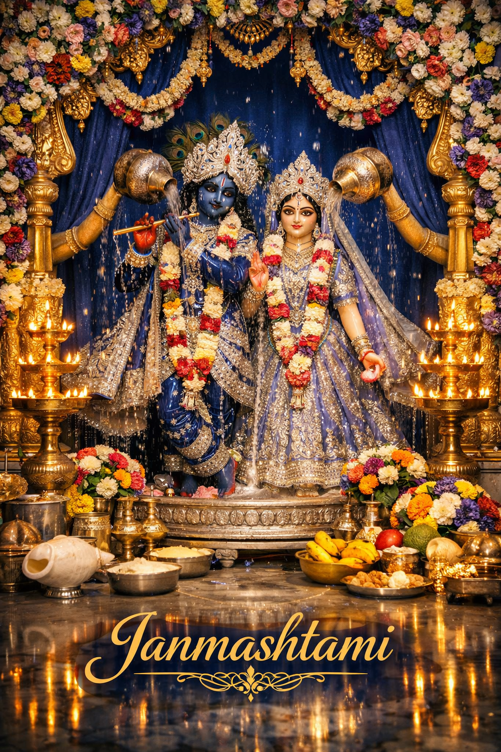 Radha Krishna decorated for Janmashtami midnight celebration with blue and silver theme and flower altar